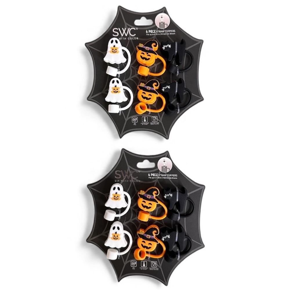 SWC 6 Piece Straw Toppers Ghosts Pumpkins Black Cat Halloween New Lot of 2